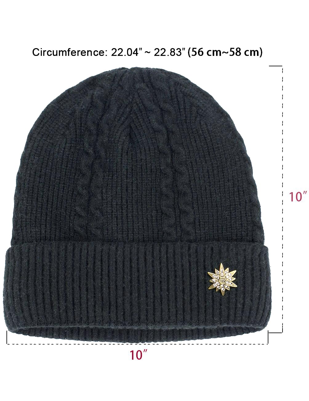 Dahlia Men's Beanies - Wool, Cable Knit Winter Hat, Fleece Lined, XL, Black