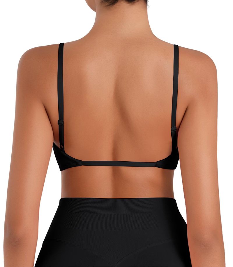 Sunzel Women's Open Back Sports Bra Adjustable Spaghetti Strap Seamless Low Impact Workout Gym Yoga Bra with Removable Pads Black Small