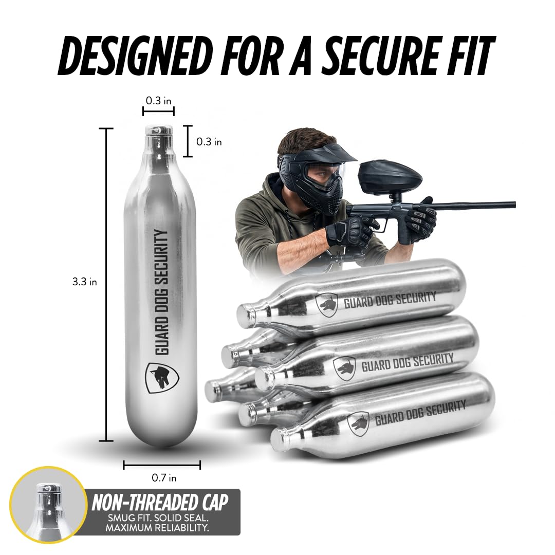 Guard Dog Security 12 Gram Co2 Cartridges, Non-Threaded, CO2 cartridges BB Gun, CO2 BB Pistol, CO2 Airsoft Pistol, and CO2 Paintball Markers, Snug fit, Solid Seal (Pack of 25)
