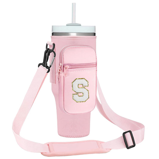 momocici Letter S Cup Carrier Bag with Strap & Pouch for Stanley Quencher 40oz Tumbler.Initial Cup Crossbody Holder Bag Compatible with Stanley Cup for Hiking Travelling Camping.(Rose Quartz)