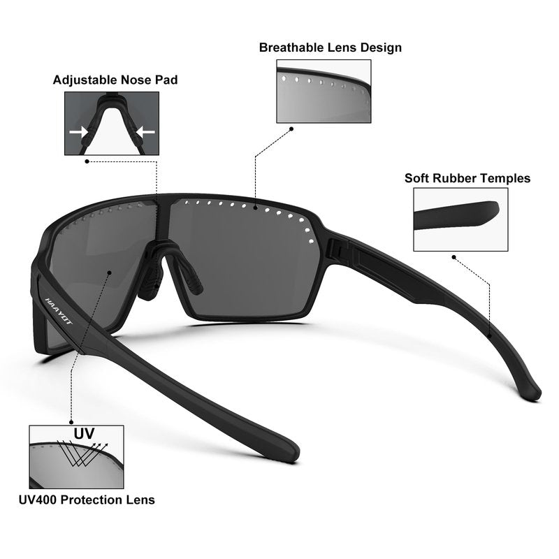 HAAYOT Polarized Cycling Glasses,Sports Sunglasses for Men Women,Baseball Running Fishing Biking Sunglasses with 3 Lenses Black Silver