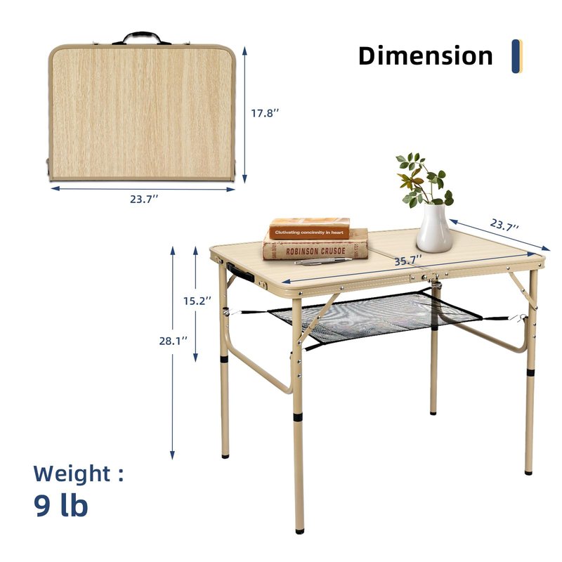 Byliable Folding Table 3FT Camping Table 2 Adjustable Height Lightweight Portable Aluminum Mini Foldable for Picnic Beach Indoor Outdoor, Yellow
