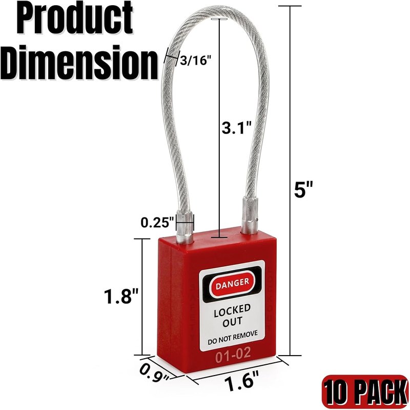 Noamus Lockout Tagout Padlock Set - 10 Steel Cable Safety Locks with 20 Keys | Red Keyed for Electrical Devices