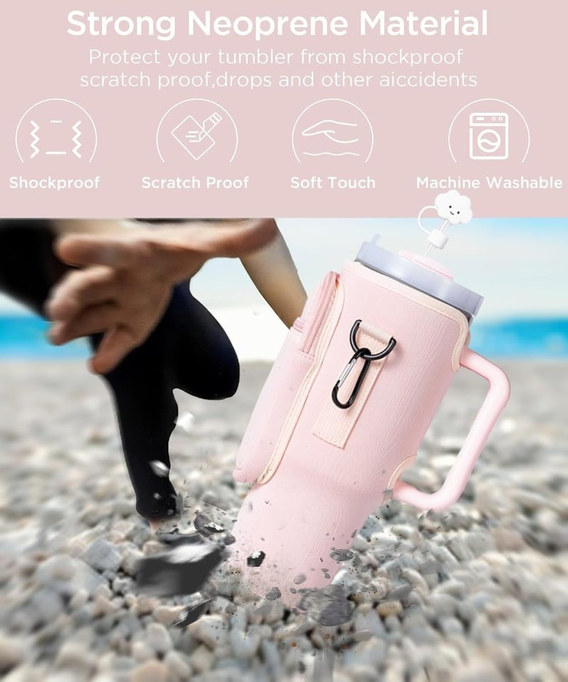 AFIAFTY Water Bottle Holder with Strap, Stanley Bag/Stanley Cup Holder with Strap for Stanley Quencher H2.0 40 oz, Tumbler Accessories with Coal Ball Pendant & Carabiner, Stanley Cup Accessories