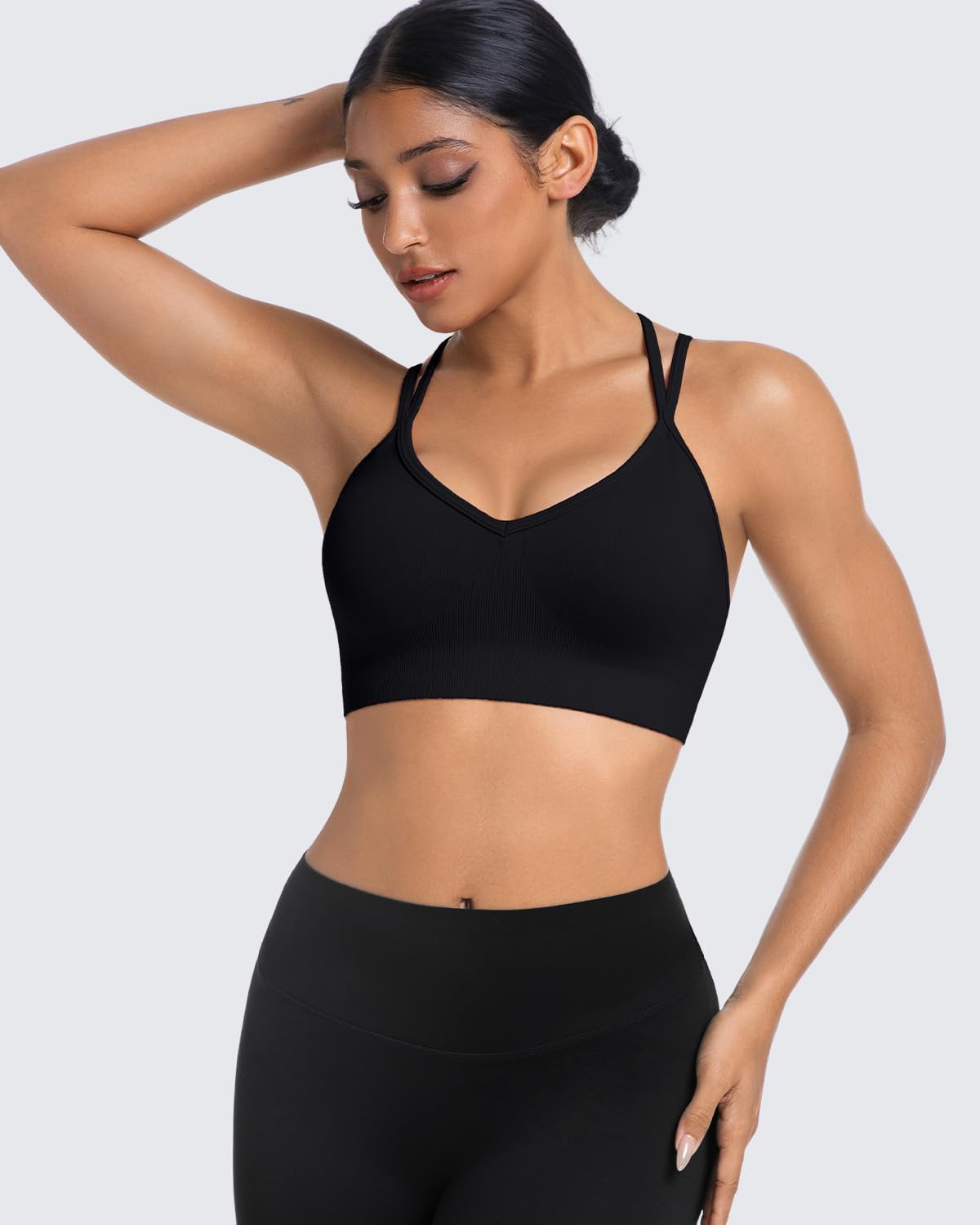 UOOMON Sports Bras for Women V-Neck Strappy Sports Bra Padded Criss Cross Back Medium Support Workout Yoga Bra for Gym Athletic Fitness 3 Pack