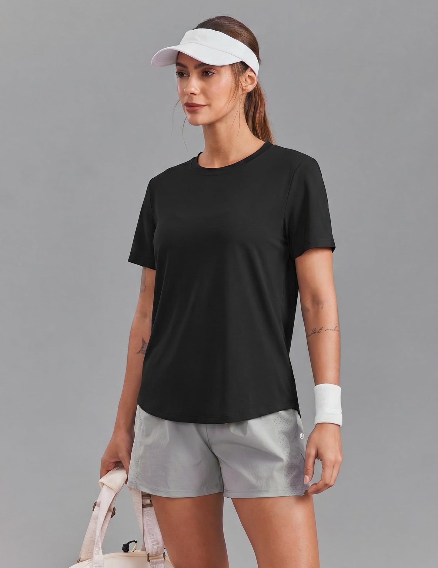 PINSPARK Workout Tops for Women Soft Shorts Sleeve Sun Protection Gym Plain Shirts Soft Breathable Crewneck Athletic Summer Top,Black Large