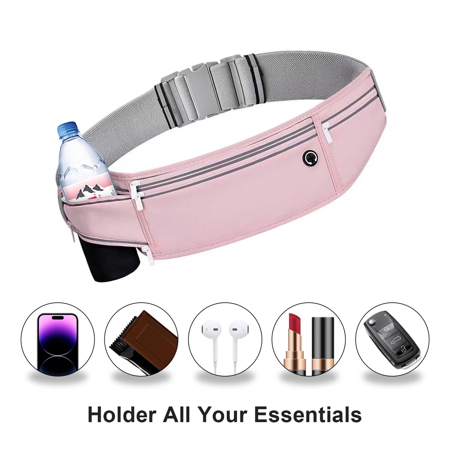 JUCURRI Slim Running Belt for Women Men,Runners Fanny Pack Phone Holder,Money Belt,Running Gear Accessories,with 3 Pockets (Jet Pink)