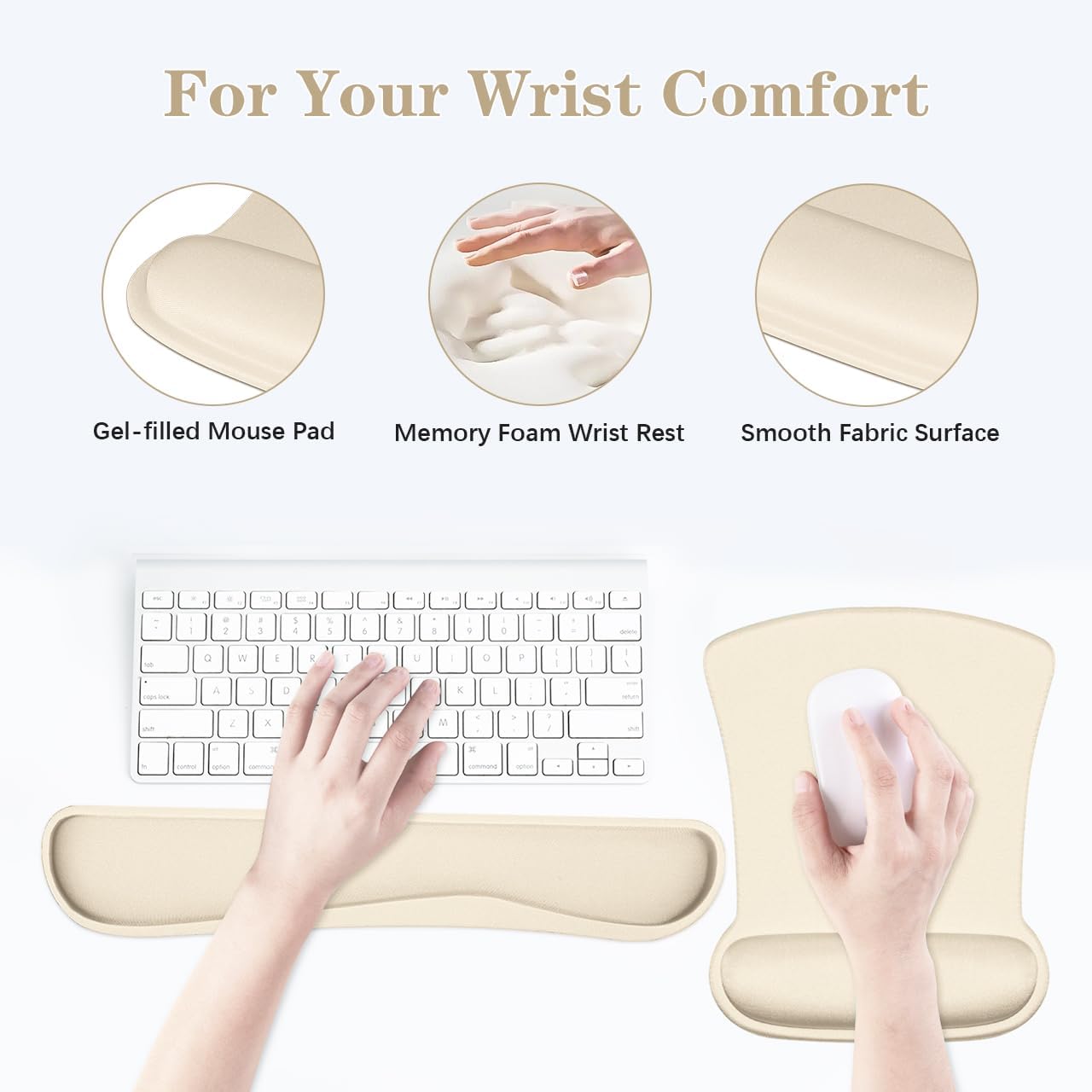 Ergonomic Wrist Rest Support - Comfortable Memory Foam Keyboard Pad & Soft Gel Mouse Pad | Pain Relief for Gaming & Office, Apricot