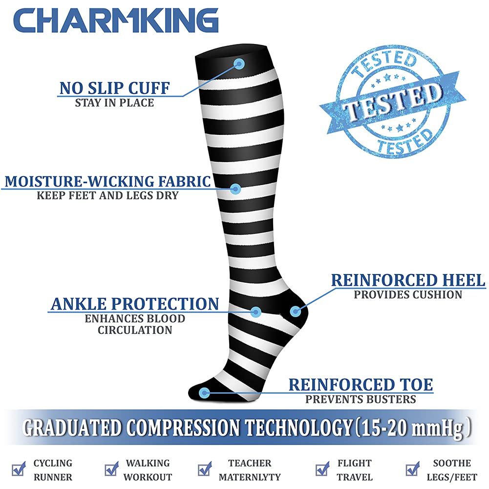 CHARMKING Compression Socks for Women & Men (8 Pairs) 15-20 mmHg Graduated Copper Support Calf Socks are Best for Pregnant, Nurses - Boost Performance, Circulation, Knee High Wide Calf(L/XL,Multi 10)