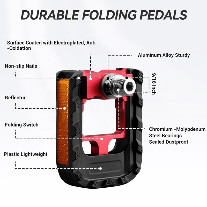 KABON Folding Bike Pedals, Bicycle Foldable Pedals with Aluminum, Universal 9/16 inch Non-Slip Cycling Pedals for Folding Bike, BMX Bike, Road Bike, Mountain Bike MTB (New Red)