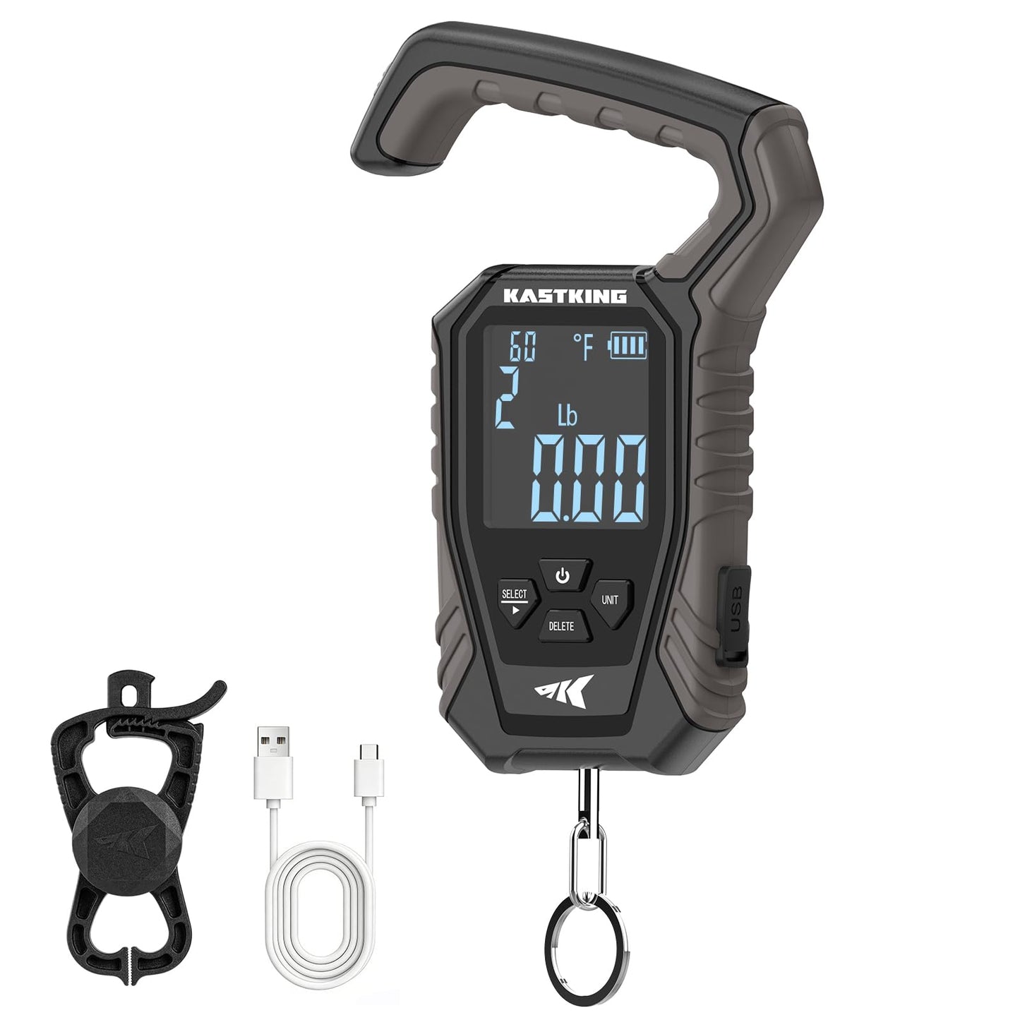 KastKing Weighmaster Mechanical-Digital Fishing Scale with Lip Gripper, 120 lb Capacity, 2.5" Backlit Display, High-Precision Sensor, 9 Weight Memory, Temperature Detection, IPX6 Waterproof