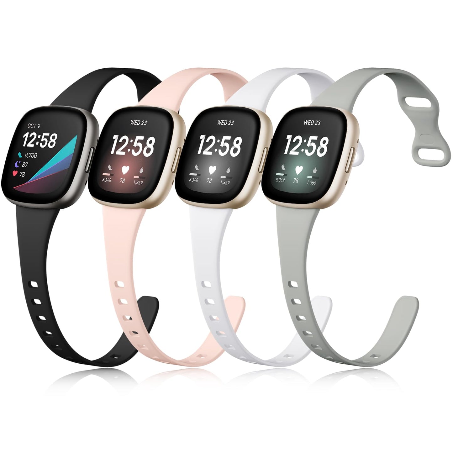 Getino Compatible with Fitbit Versa 3/ Versa 4 Bands/Sense/Sense 2 Bands Women Men, Durable Thin Sport Accessories, Slim Band, Small Black/Gray/Pink/White