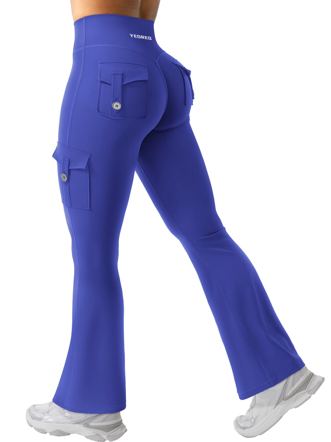 YEOREO CoreFlex Women Workout Flare Leggings with Pockets Scrunch Cargo Gym Yoga Leggings 28" Inseam Dazzling Blue XXL