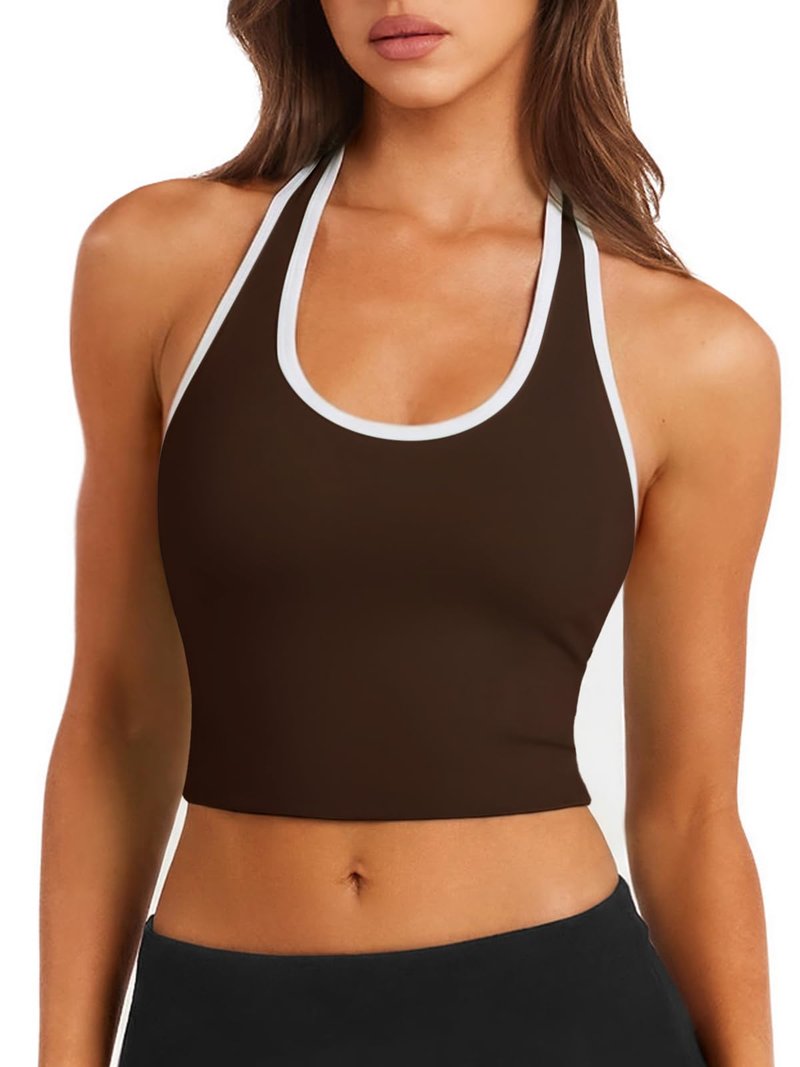 INNO MINT Womens Sports Bras Padded Color Block Scoop Neck Yoga Tops with Built in Bra for Women Gym and Lounge
