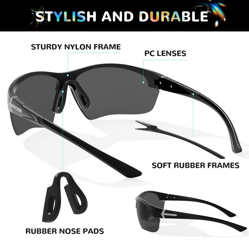 B.N.U.S Sports Sunglasses polarized UV Protection - Perfect Fit for Cycling, Running, Baseball, Rowing, Outdoor Sports (Black/Black Polarized, PC Lenses)