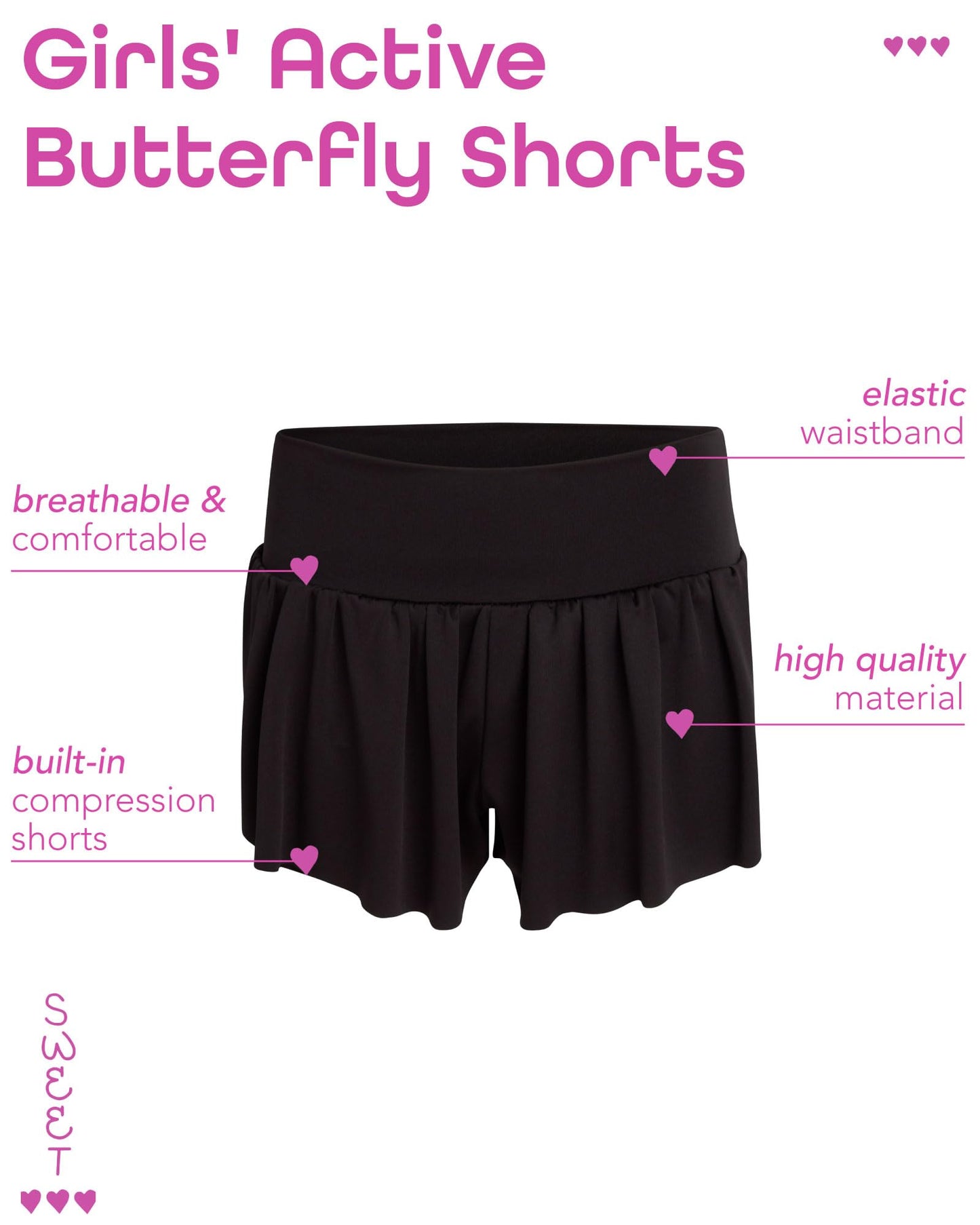 Sweet Hearts Girls' Active Skort - 2 Pack Flowy Butterfly Shorts with Spandex Lining - Athletic Skirt for Girls, Made in USA, Size 10-12, Black/Grey