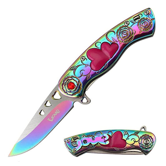 Snake Eye Tactical 7" Cupid Heart Ladies Valentines day Pocket Knife with LOVE Pocket Clip Included (Rainbow)