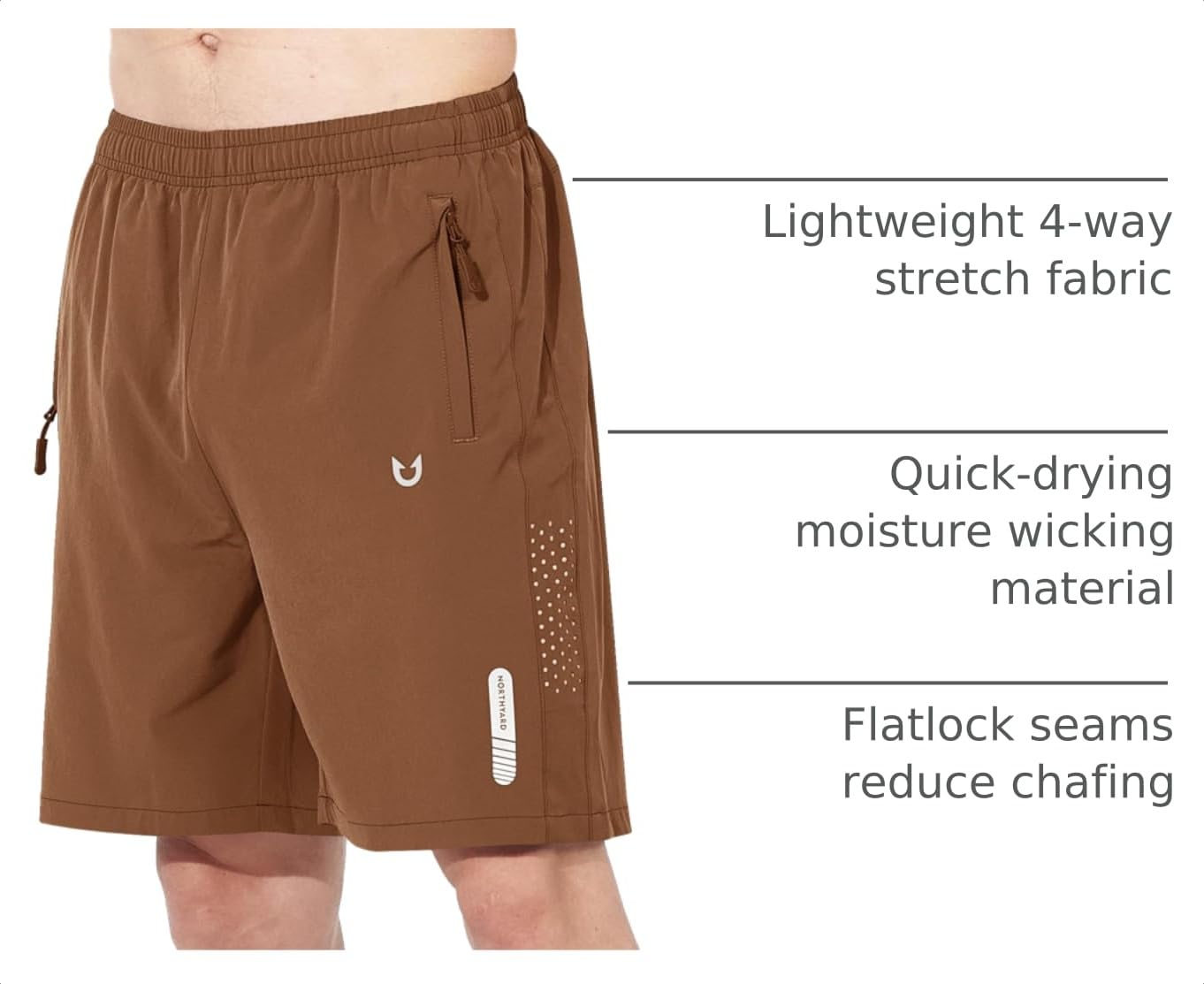 NORTHYARD Men's Athletic Running Shorts Gym Workout 7"/9"/5" Quick Dry Lightweight Sports Basketball Tennis 3 Zipper Pockets Brown 2XL