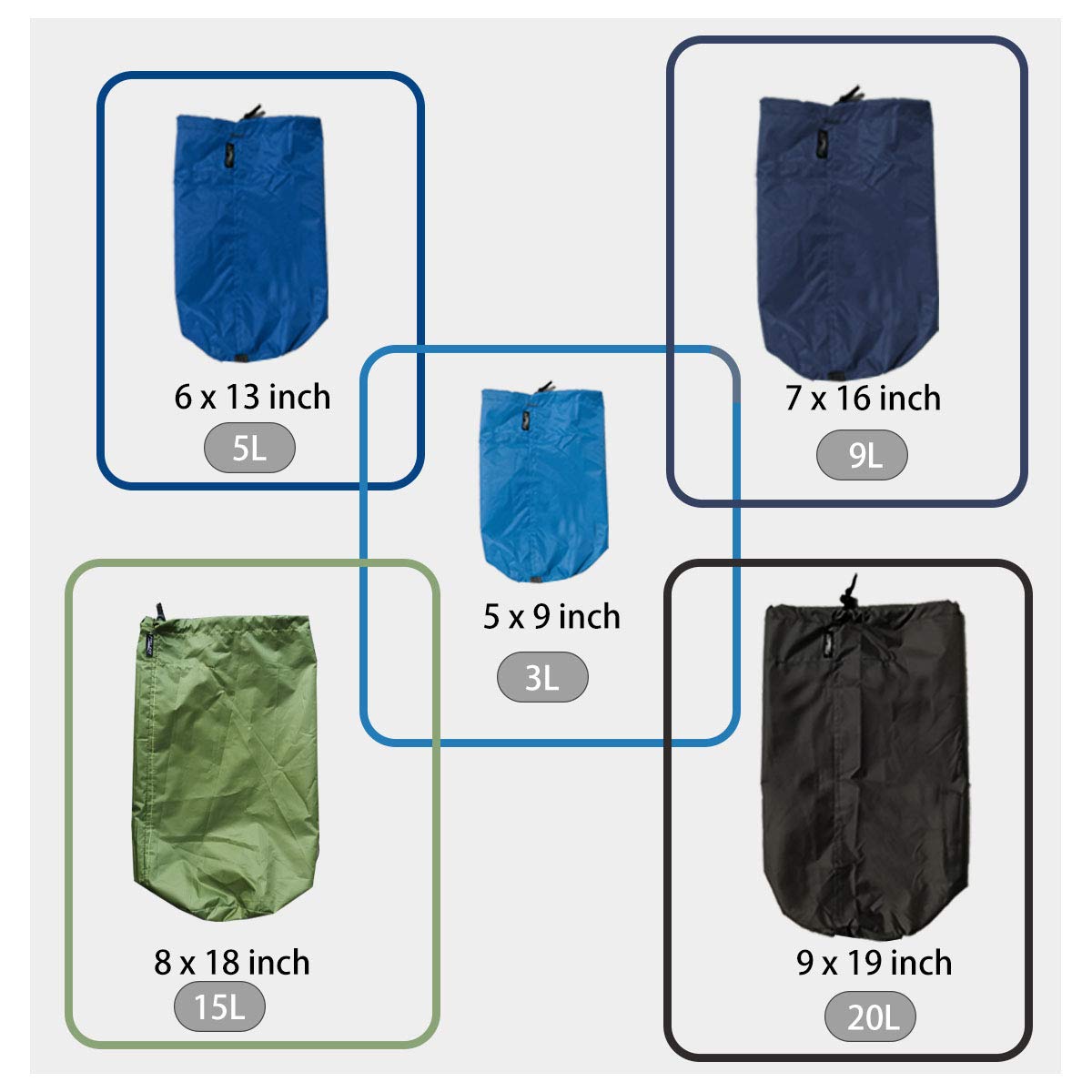 Frelaxy Stuff Sack Set 5-Pack (3L&5L&9L&15L&20L), Ultralight Ditty Bags with Dust Flap for Traveling Hiking Backpacking (Sky Blue&Blue&Navy&Army Green&Black)