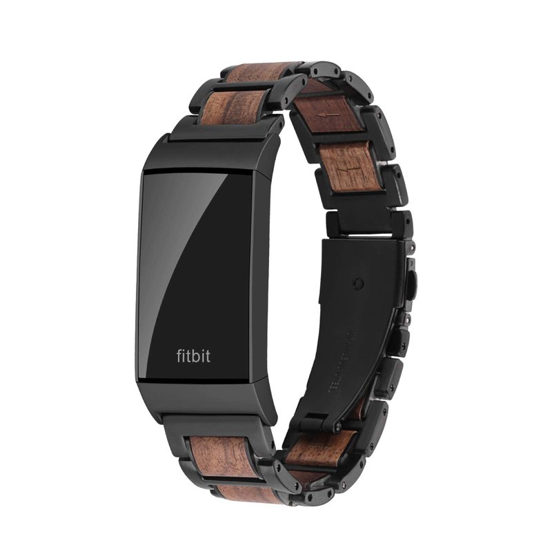 Ayeger Wood Band Compatible for Fitbit Charge 4/3 Bands,Sandalwood Stainless Steel Replacement Metal Watch Women Men Wristband Strap Blacelet (Black)