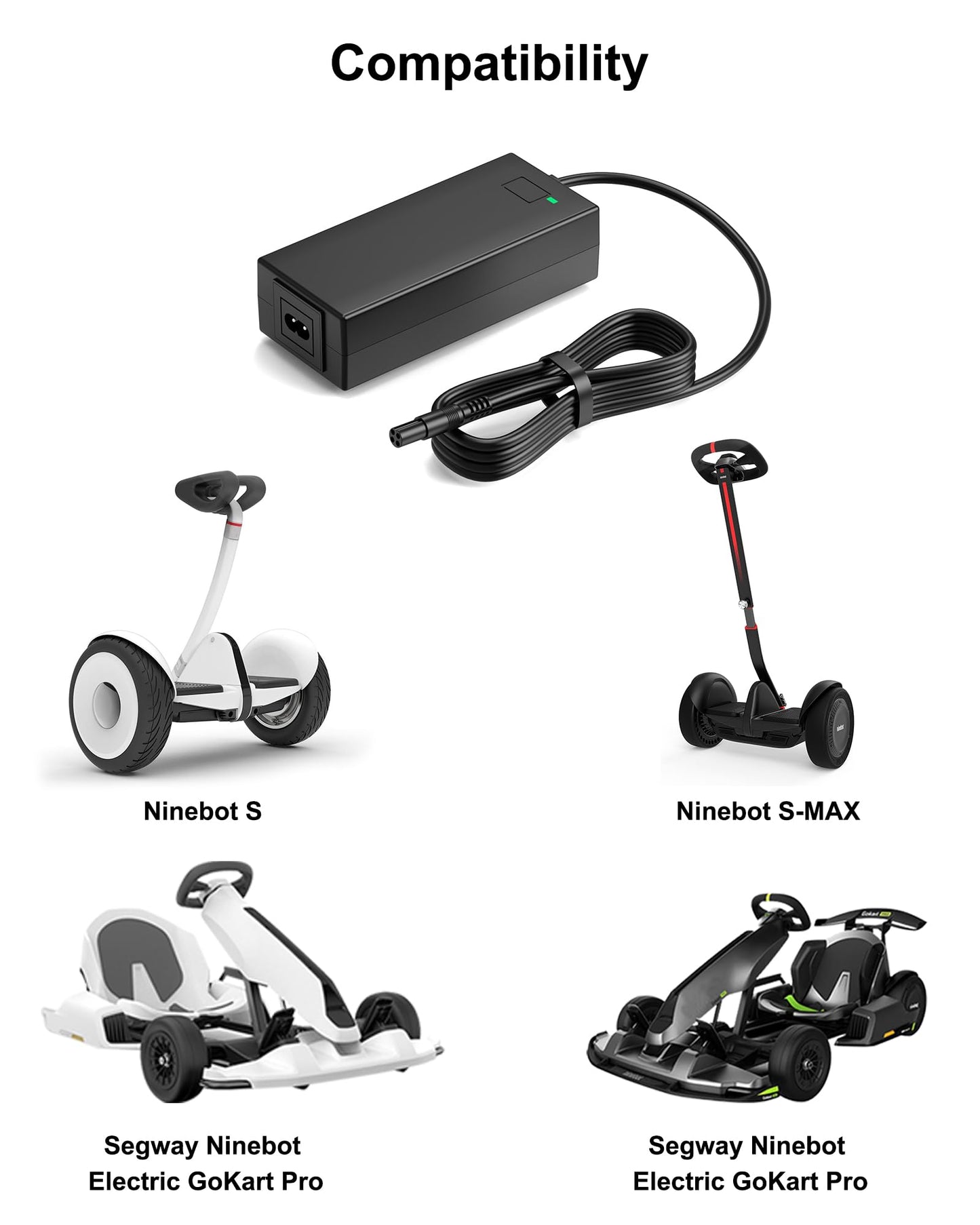 VHBW 63V Charger Compatible with Segway Ninebot Charger 4 Prong Compatible with Segway Ninebot S/S-MAX/Mini lite/Mini PRO/Go Kart Kit, Gokart PRO Scooters