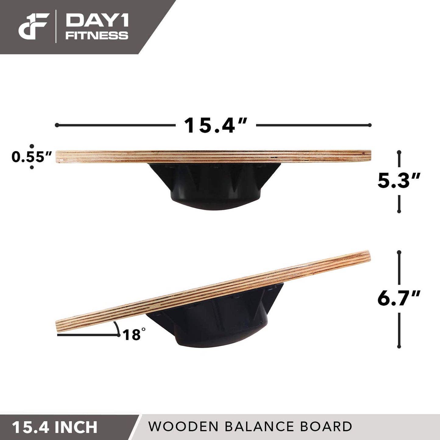 Day 1 Fitness Balance Board, 15.4” – GRAY - 360° Rotation, for Balance, Coordination, Posture - Large, Wooden Wobble Boards with 15° Tilting Angle for Workouts - Premium Core Trainer Equipment