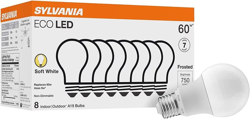 Sylvania ECO LED Light Bulb - A19 60W Equivalent, 9W, 750 Lumens, Soft White | 8 Pack, Frosted Finish