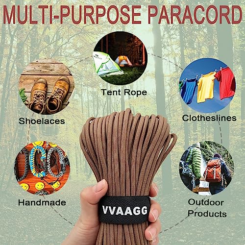 VVAAGG 550 Paracord 100FT, Heavy-Duty Strong Rope, 4mm Parachute Cord, Outdoor Camping Gear Tent Rope Tan