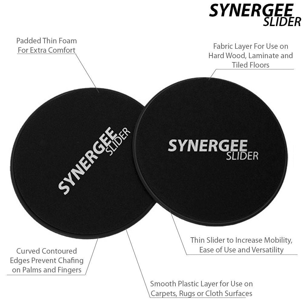 Synergee Jet Black Core Sliders. Dual Sided Use on Carpet or Hardwood Floors. Abdominal Exercise Equipment