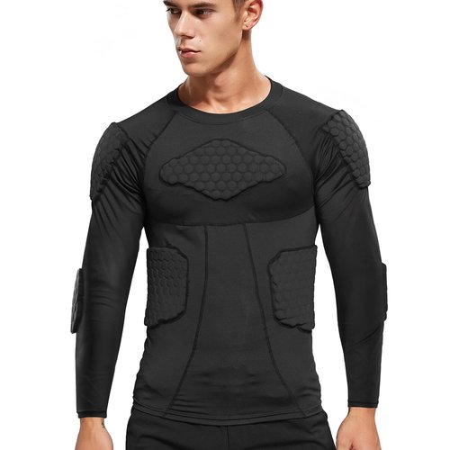 Zicac Men's Sports Shock Rash Guard Compression Padded Shirt Soccer Basketball Protective Gear Chest Rib Guards(Black,US:XL)