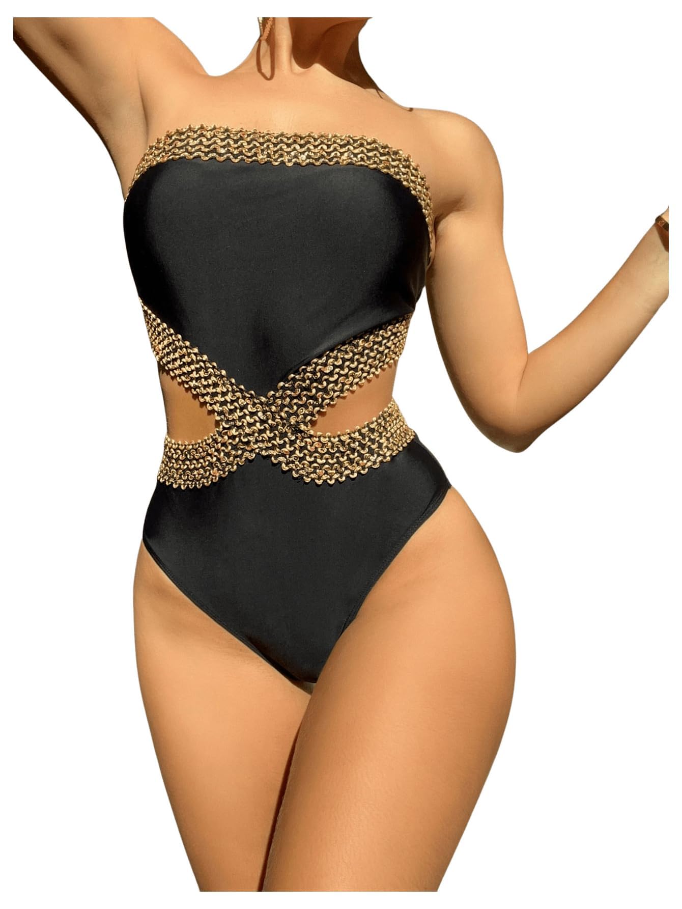 Milumia Women's Stitch Detail Strapless One Piece Swimsuit Cut Out Bandeau Bathing Suit Black Medium