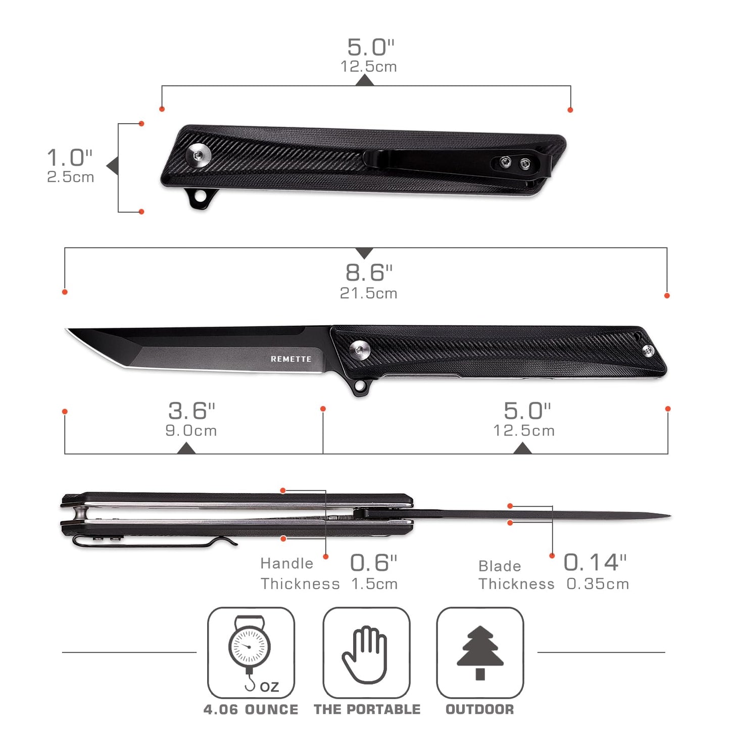 REMETTE Tactical Pocket Knife GD22K, D2 Steel Tanto Folding knife Flip Assisted Open with Durable G10 Handle,Men Women Everyday Carry EDC Knife,Sharp Camping Hiking Daily Work Knives