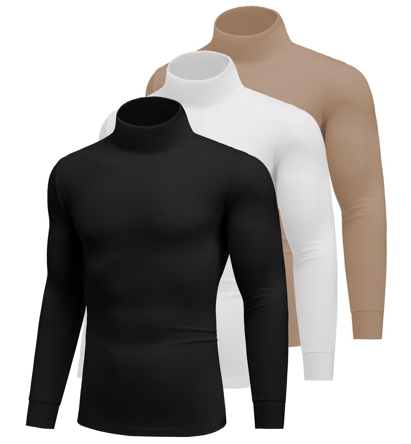 Ekouaer 3 Packs Men Turtle Neck Shirts Long Sleeve Thermal Tops Causal Lightweight Pullover Black/Khaki/White L