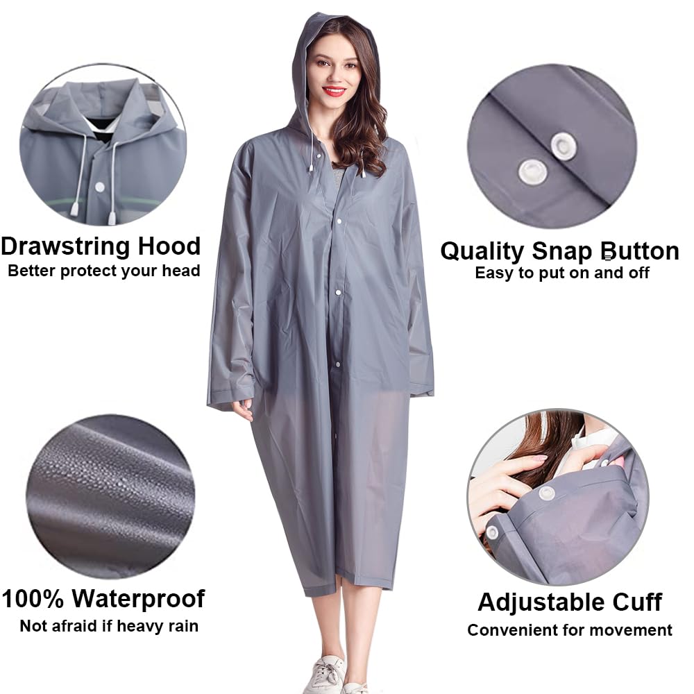 Rain Ponchos for Adults Reusable, 2 Pcs Raincoats for Women Men with Hood (E-Gray)