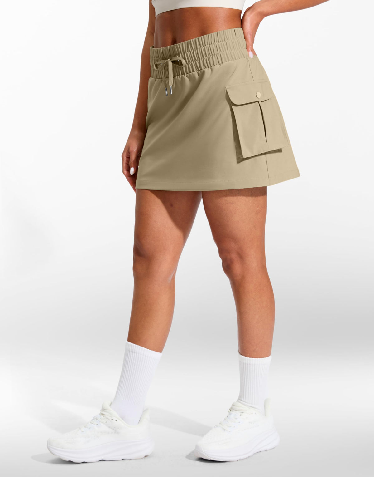 SANTINY 14" Cargo Skorts for Women with 4 Pockets Drawstring High Waisted Golf Hiking Skirt for Casual Summer Travel (Khaki_L)