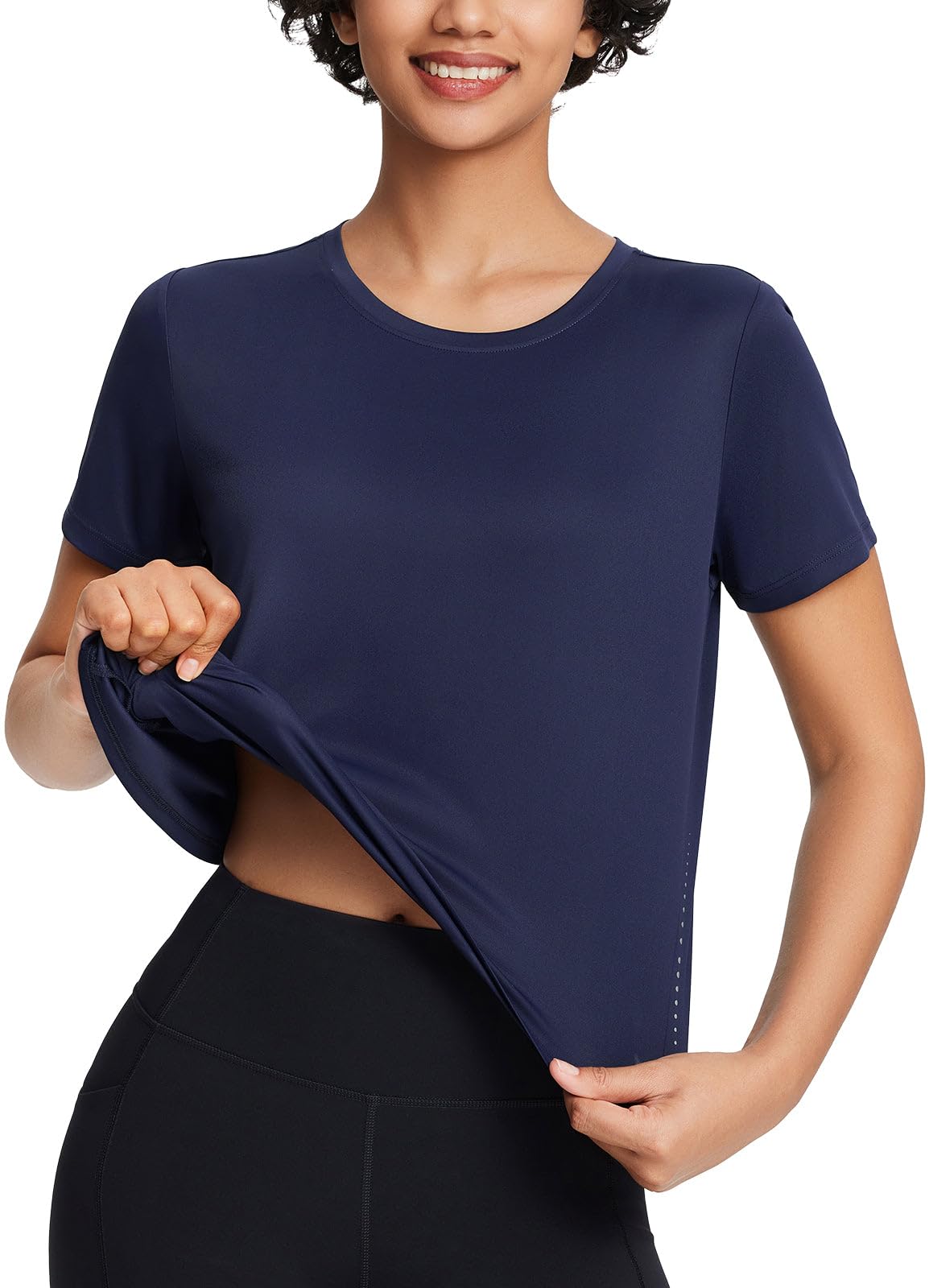 baleaf Women's Athletic Sun Shirts Short Sleeve Running Tops Workout Cropped Split Back Gym UPF 50+ Quick Dry Lightweight Sun Protection Navy M