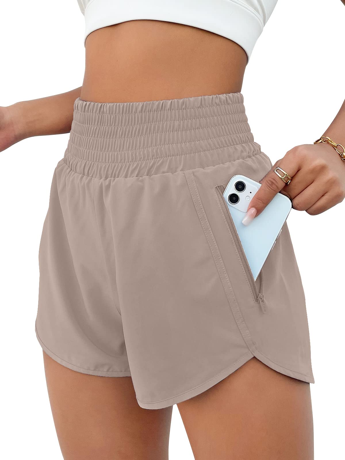 BMJL Women's Athletic Shorts High Waisted Running Short Pocket 2.5" Sporty Shorts Gym Elastic Workout Shorts(XXL,Khaki)