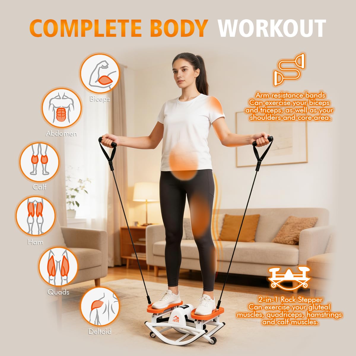 IWVE Rocking Stepper for Exercise at Home, Side-to-Side 3D Motion Stair Machine with Resistance Bands, Quiet Low-Impact Cardio Trainer, 380 lb Capacity