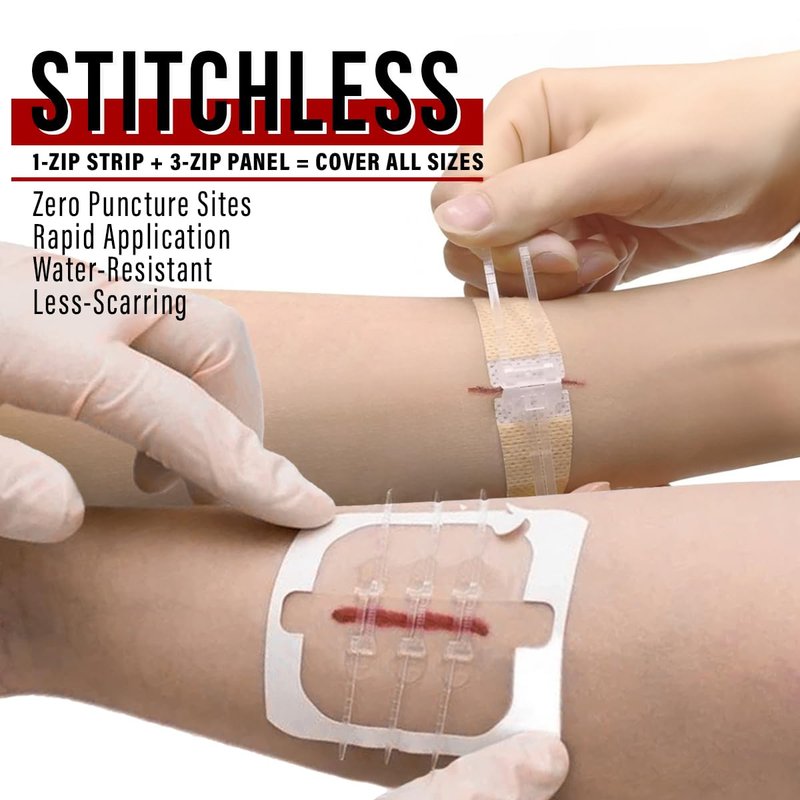 EVERLIT Wound Closure Pack | 4 Pcs Surgical Wound Zip Devices for Cut & Laceration Wound Repair | Sterile, Suture-Free, Stitch-Less Adhesive Butterfly Bandage Strips for Emergency First Aid Care