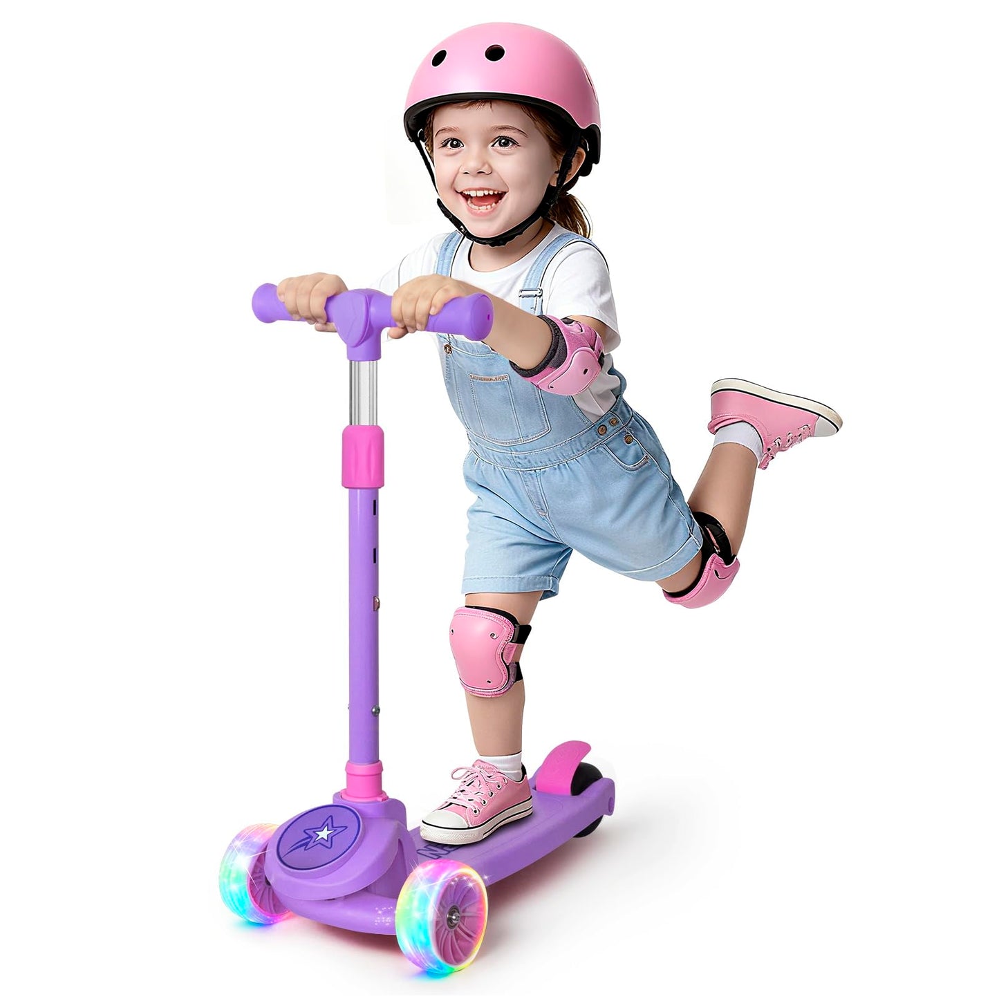 Nattork Kids Scooter for Girls Boys with Light Up Wheels, 3 Adjustable Height Handlebars, Lean-to-Steer Technology, Widen Anti-Slip Deck, 3 Wheel Scooter for kid ages 3-8, Support Riders Up to 110 LBS