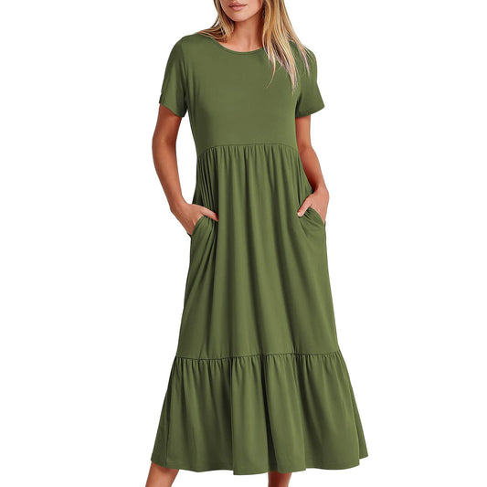 openpig Turtleneck Dress Summer Dresses for Women 2024 Tiered Vacation Long Beach Sundress Casual loose Short Sleeve Dress with PocketsTodays Daily Deals