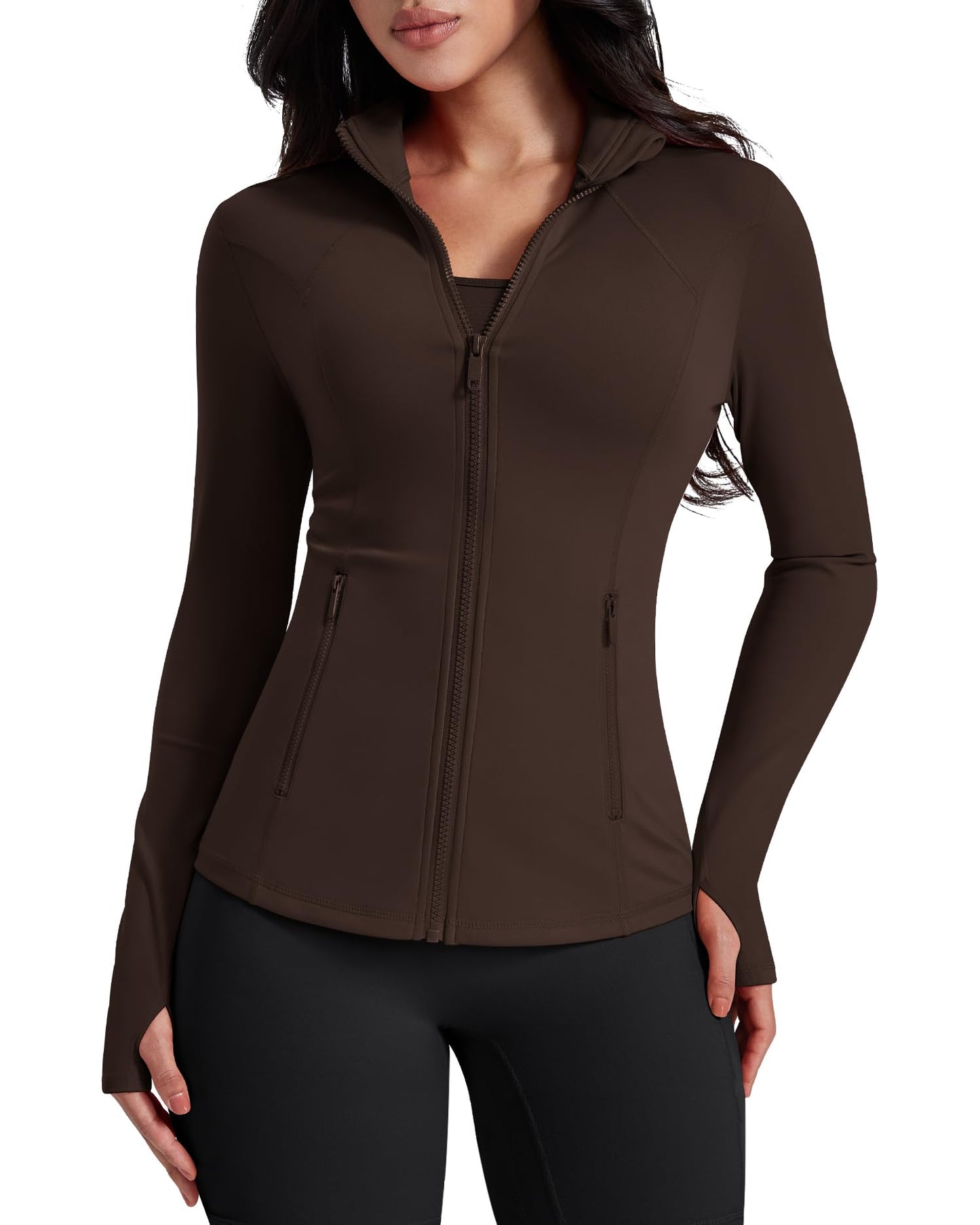 AVGO Womens Workout Jackets Lightweight Athletic Zip Up Jacket Slim Fit Running Gym Top with Pockets & Thumb Holes(Roasted Brown, S)