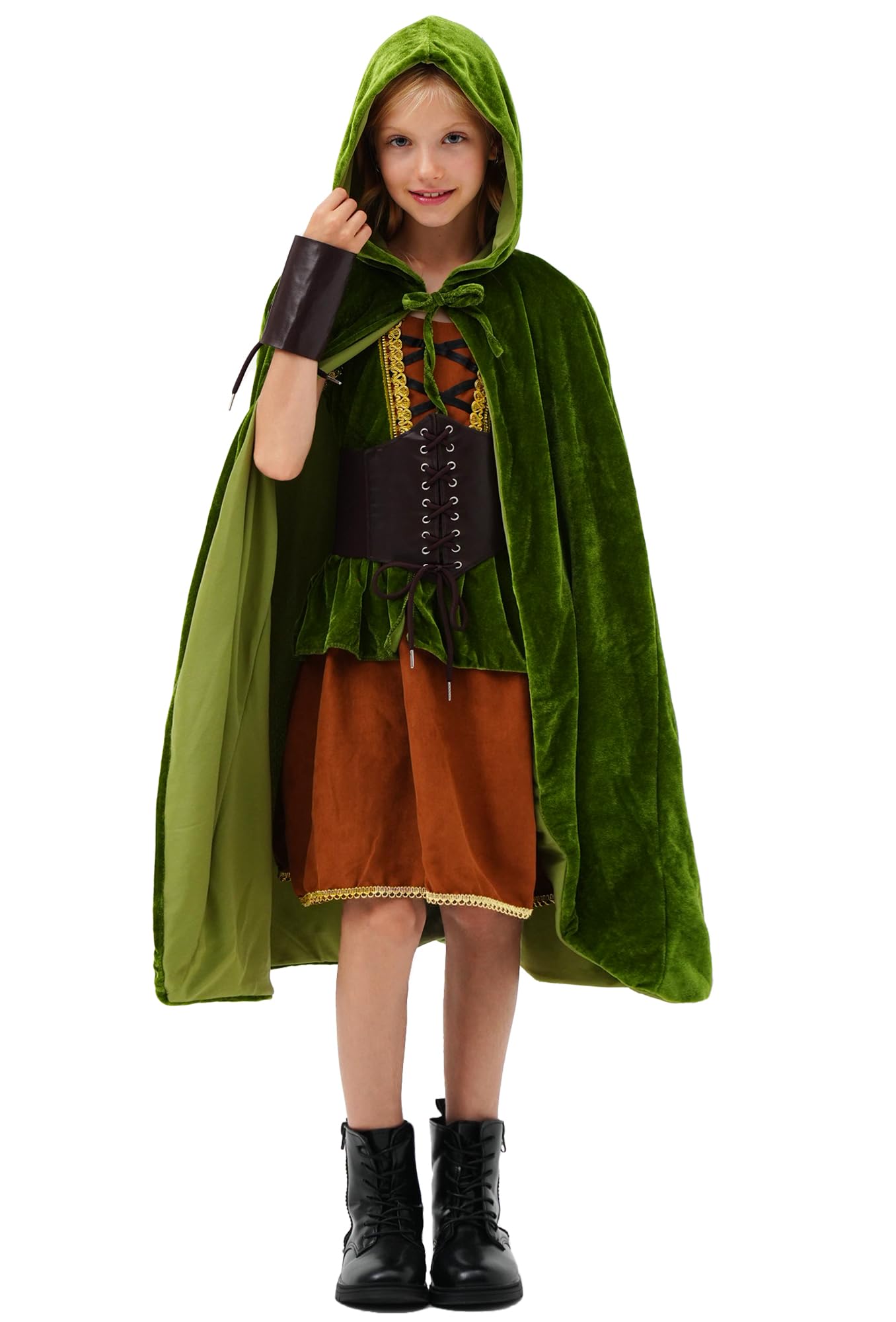 Mecamelon 7 Pcs Archer Costume for Girls Medieval Renaissance Hunter Dress Costume with Cape (Green, 7-8 Years)