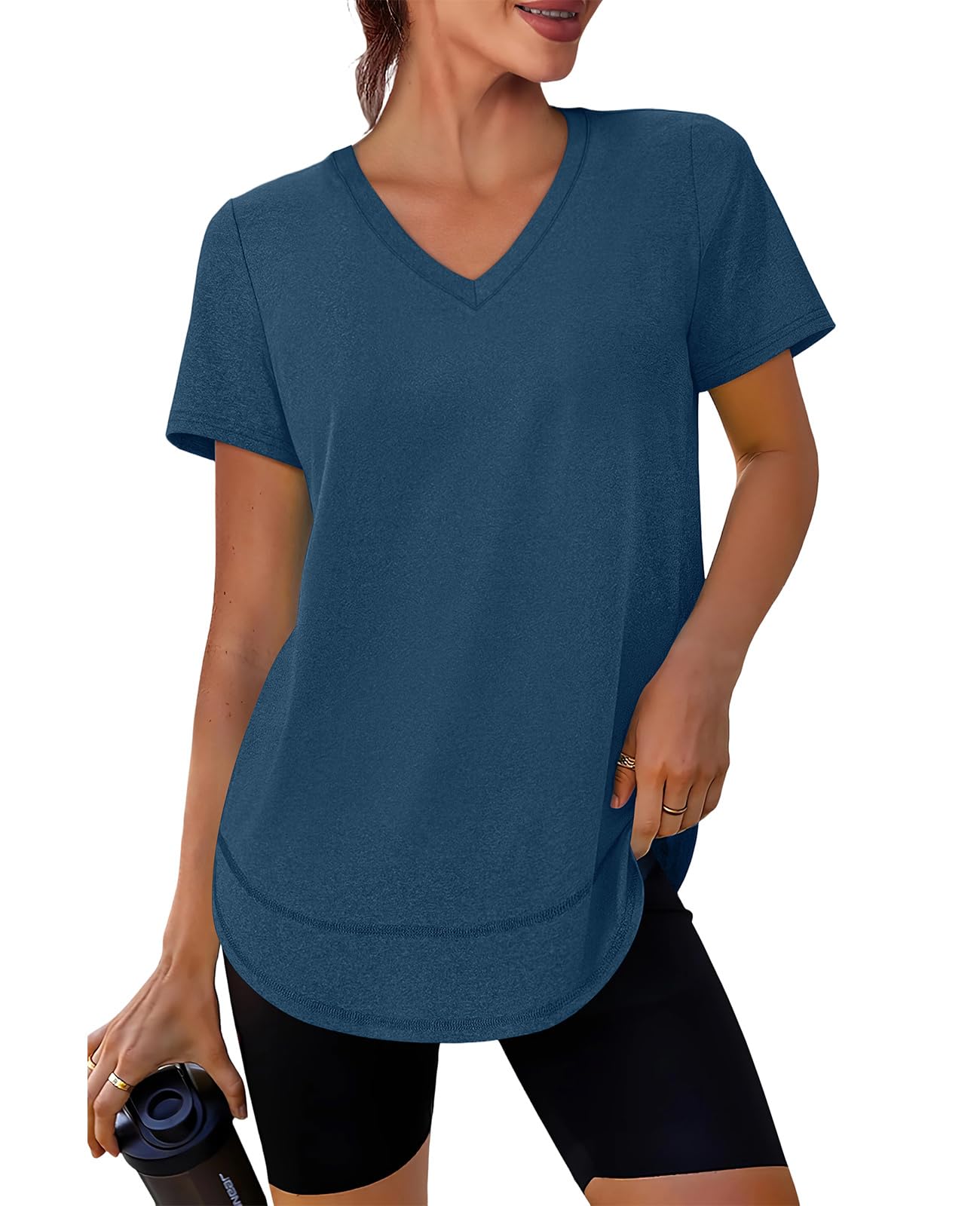 Short Sleeve Shirts for Women Workout Pilates Outfits Tennis Summer Tops 2026 Beach Vacation Clothes V Neck Navy Blue M