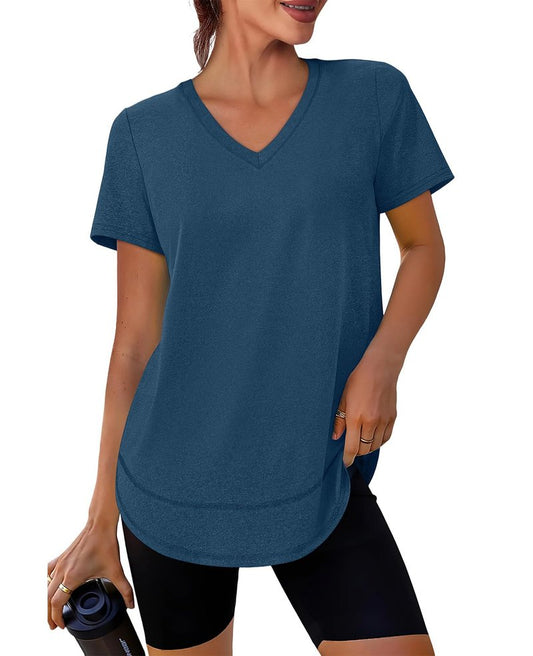Short Sleeve Shirts for Women Workout Pilates Outfits Tennis Summer Tops 2026 Beach Vacation Clothes V Neck Navy Blue M