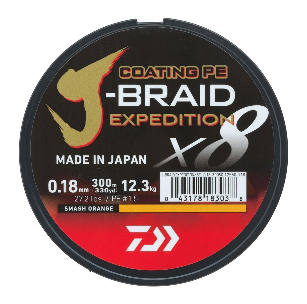 DAIWA J-Braid Expedition X8E, 0.20mm, 16.0kg/35.3lbs, 330yds, Smash Orange, Braided Fishing Line