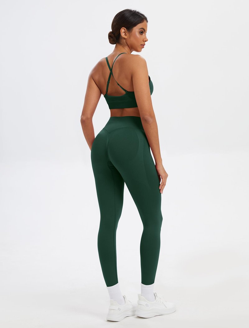 JUVOME Workout Sets for Women 2 Piece V Neck Sports Bras Matching High Waist Tummy Control Scrunch Butt Lifting Leggings Womens Two Piece Gym Athletic Active Wear Yoga Pilates Outfits Deep Forest S