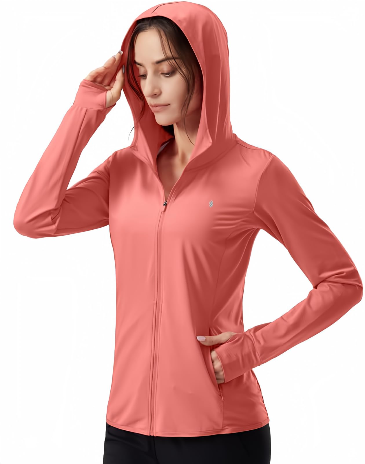 Soothfeel Women's UPF 50+ Sun Protection Hoodie Jacket Lightweight Long Sleeve Sun Shirt for Women with Pocket Hiking Outdoor(Coral, S)