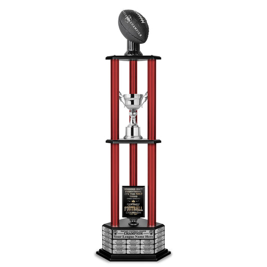 TrophySmack Perpetual Fantasy Football Trophy - Customizable Championship Trophy Award Winner | Free Engraving up to 19 Years Past Winners, 56 Inch Tall (Vivid Black, Red Columns)