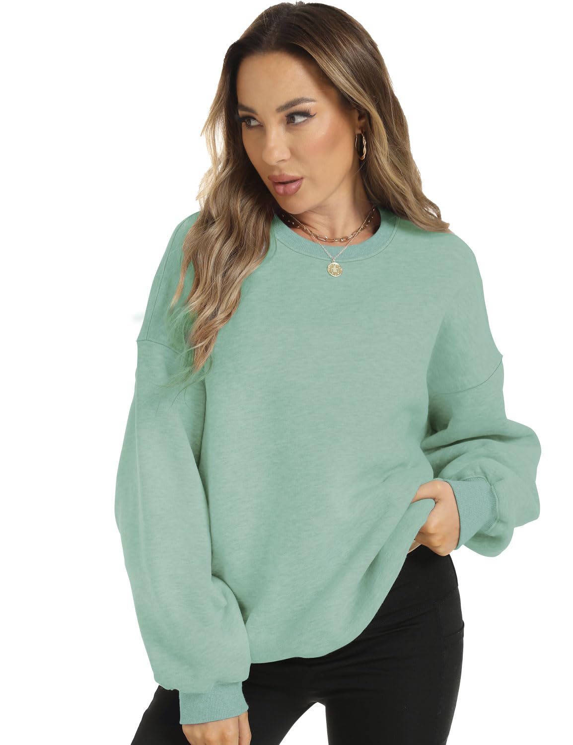 FANCYINN Womens Oversized Sweatshirts Long Sleeve Loose Pullover Solid Fleece Tops Fall Winter Grayish Green S